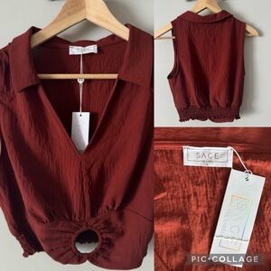 Sage The Label Burnt Orange Collared keyhole Crop Top small NWT